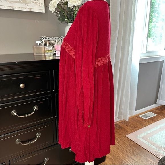 Suzanne Betro Boho Lace Trim Dress Red Textured Long Sleeve Size Large - Picture 9 of 15